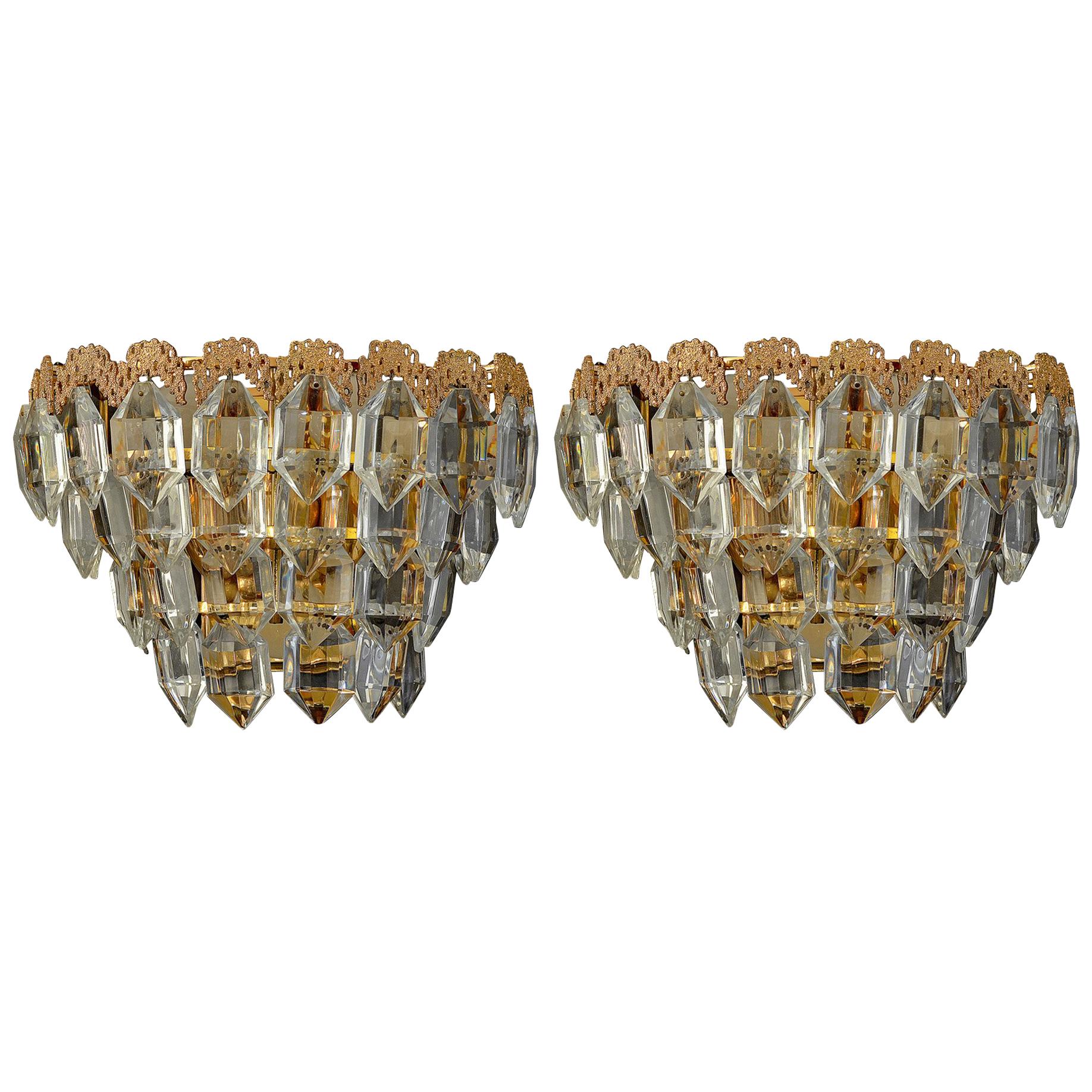 Pair of Sconces from Bakalowits, Austria 1960s, Gilt Brass and Faceted Glass