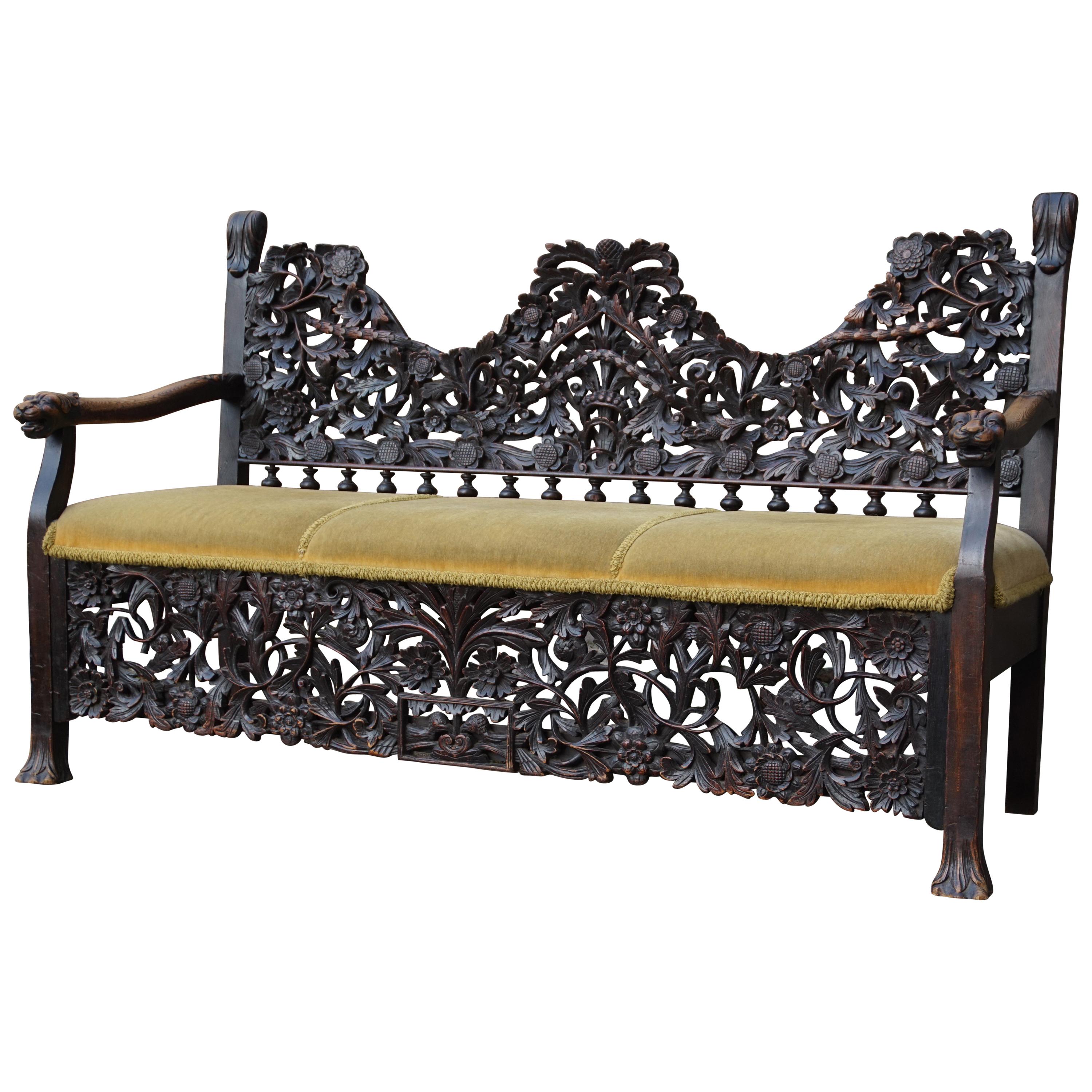 Antique & Meaningful Hand Carved Colonial 'East Meets West' Settee Hall Bench