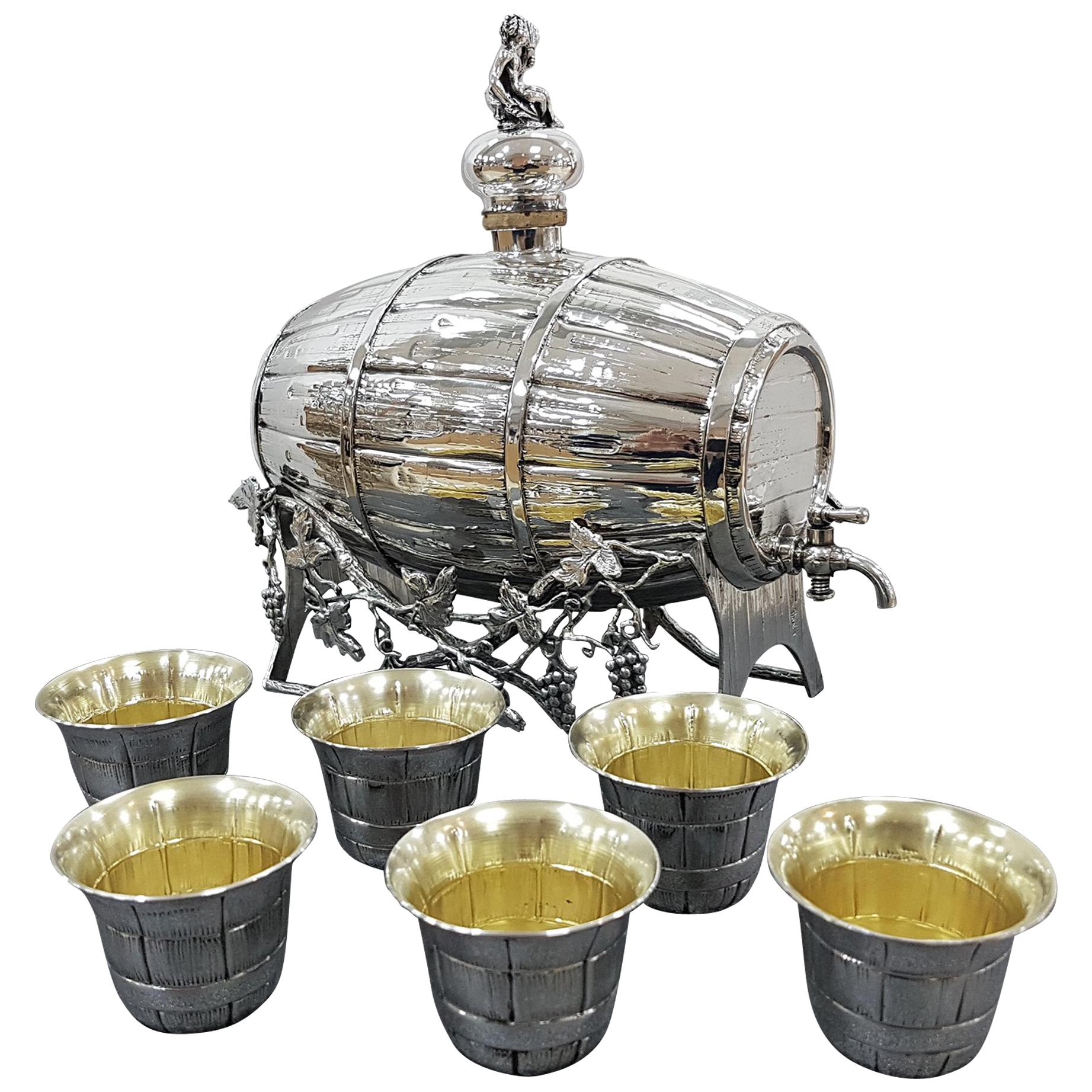 Italian 20th Century Silver Wine-Spirit Barrel on Stand with Silver Beakers