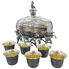 Used Italian 20th Century Silver Wine-Spirit Barrel on Stand with Silver Beakers