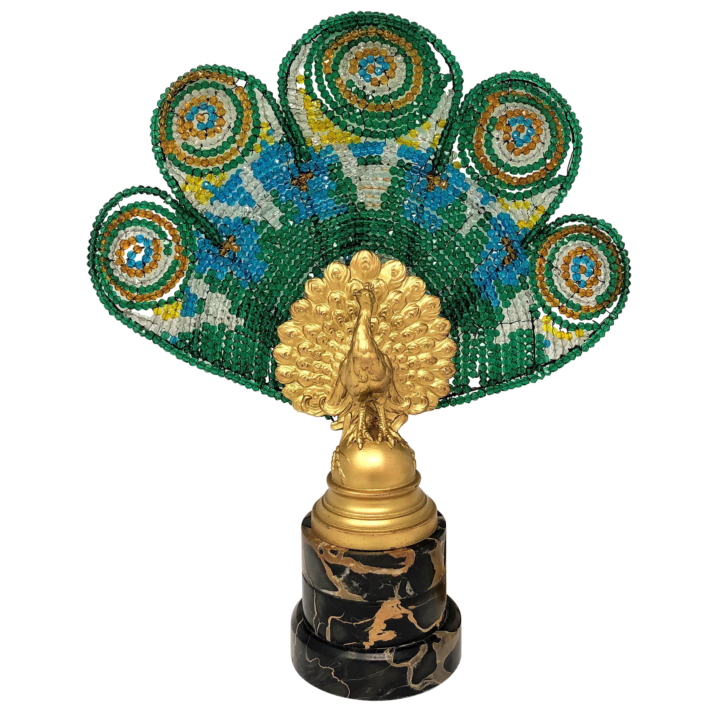 Pair of Antique Austrian Peacock Lamps, Bronze with Art Glass Plumes