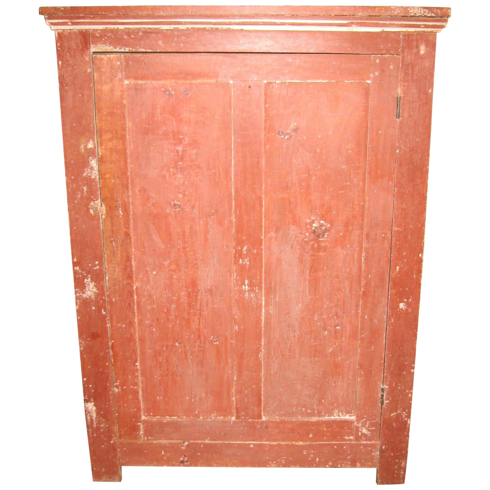 Red Jelly Cupboard One-Door Primitive Pine Cabinet Farmhouse Chic For Sale