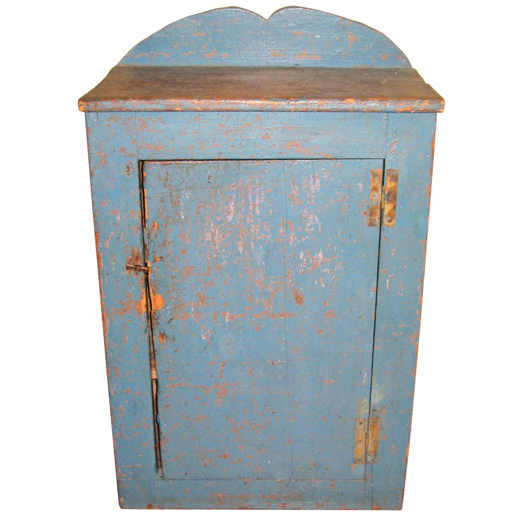 Primitive Blue 1 Door Cupboard Rustic Farm House Pine Cabinet For Sale