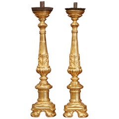 Pair of 19th Century Italian Carved Giltwood Cathedral Candlesticks