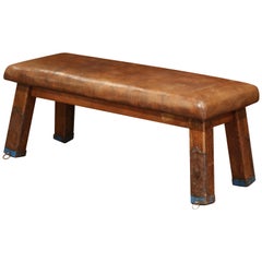 Early 20th Century Czech Four-Leg Brown Leather Training Bench