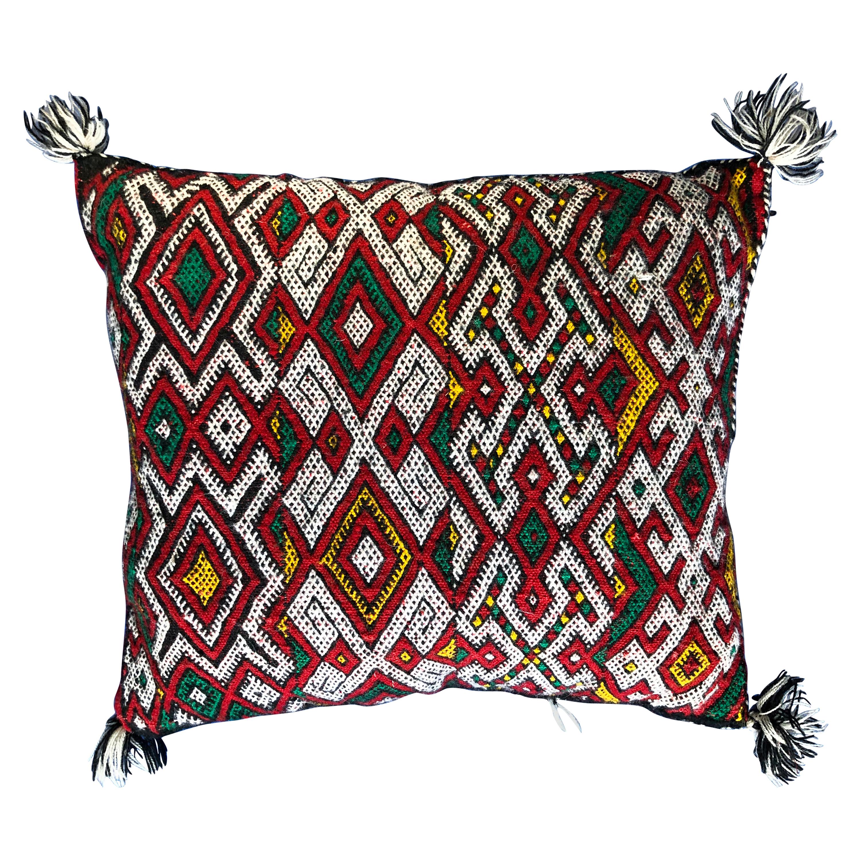 Bold Red Vintage Moroccan Wool Kilim Throw Pillow Handwoven Boho Chic For Sale