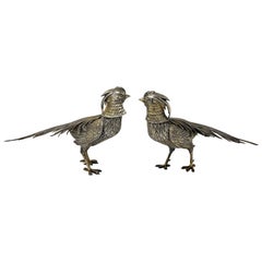 Pair of Antique Sterling Silver Chinese Golden Pheasants, circa 1920-1930