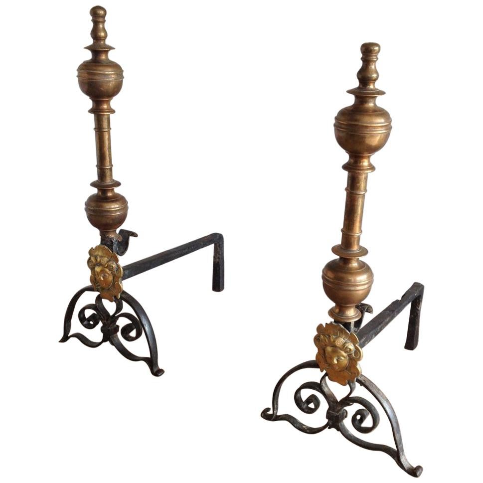 Pair of Brass and Wrought Iron "The Sun King" Andirons, 18th Century