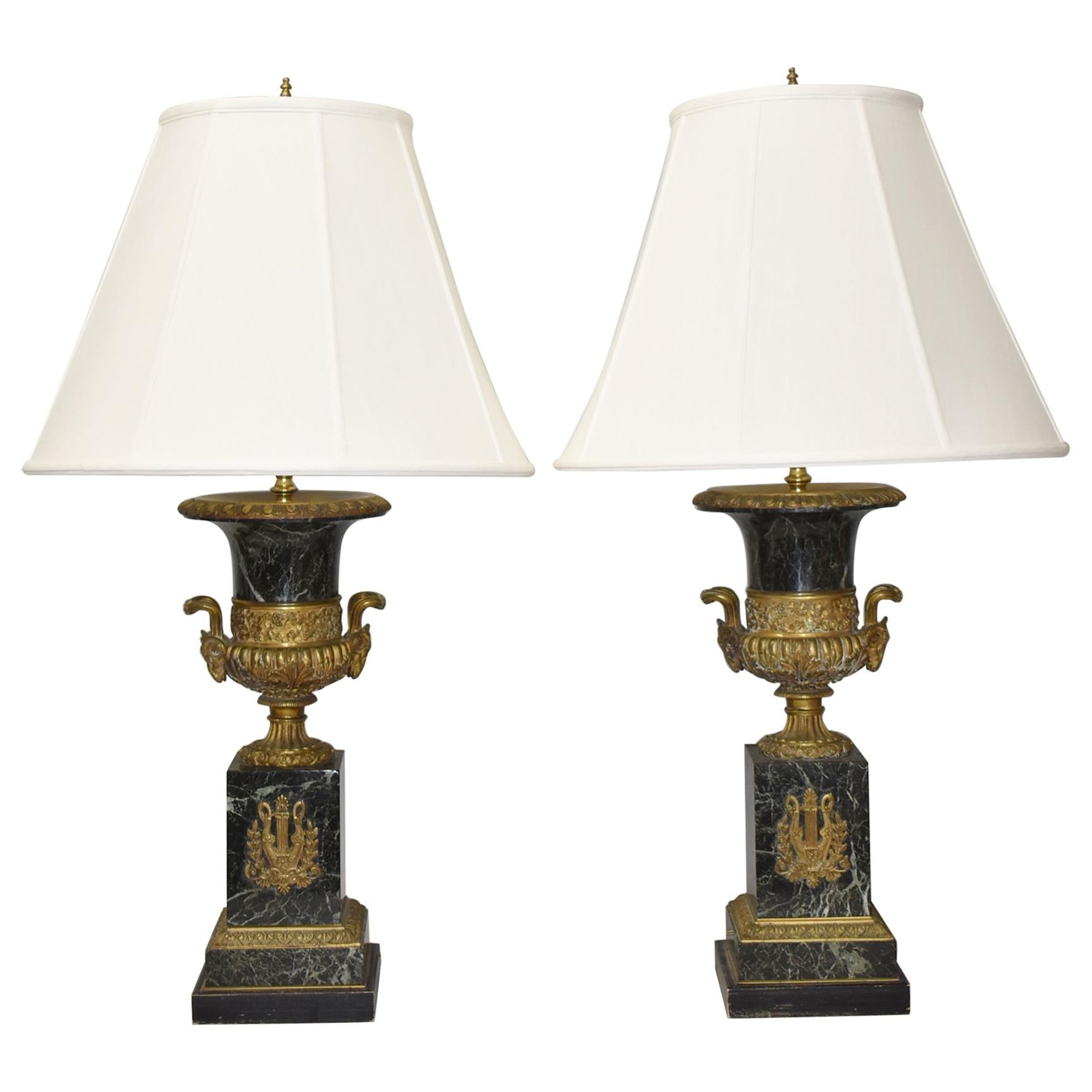 Pair of Marble and Bronze French Empire Style Urn Table Lamps Ram Head