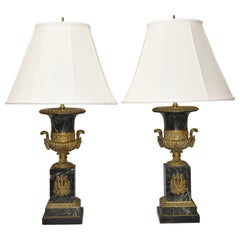 Pair of Marble and Bronze French Empire Style Urn Table Lamps Ram Head