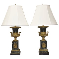 Pair of Marble and Bronze French Empire Style Urn Table Lamps Ram Head