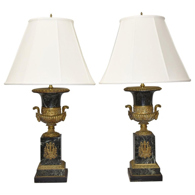 Pair Of Marble And Bronze French Empire, Antique Looking Table Lamps