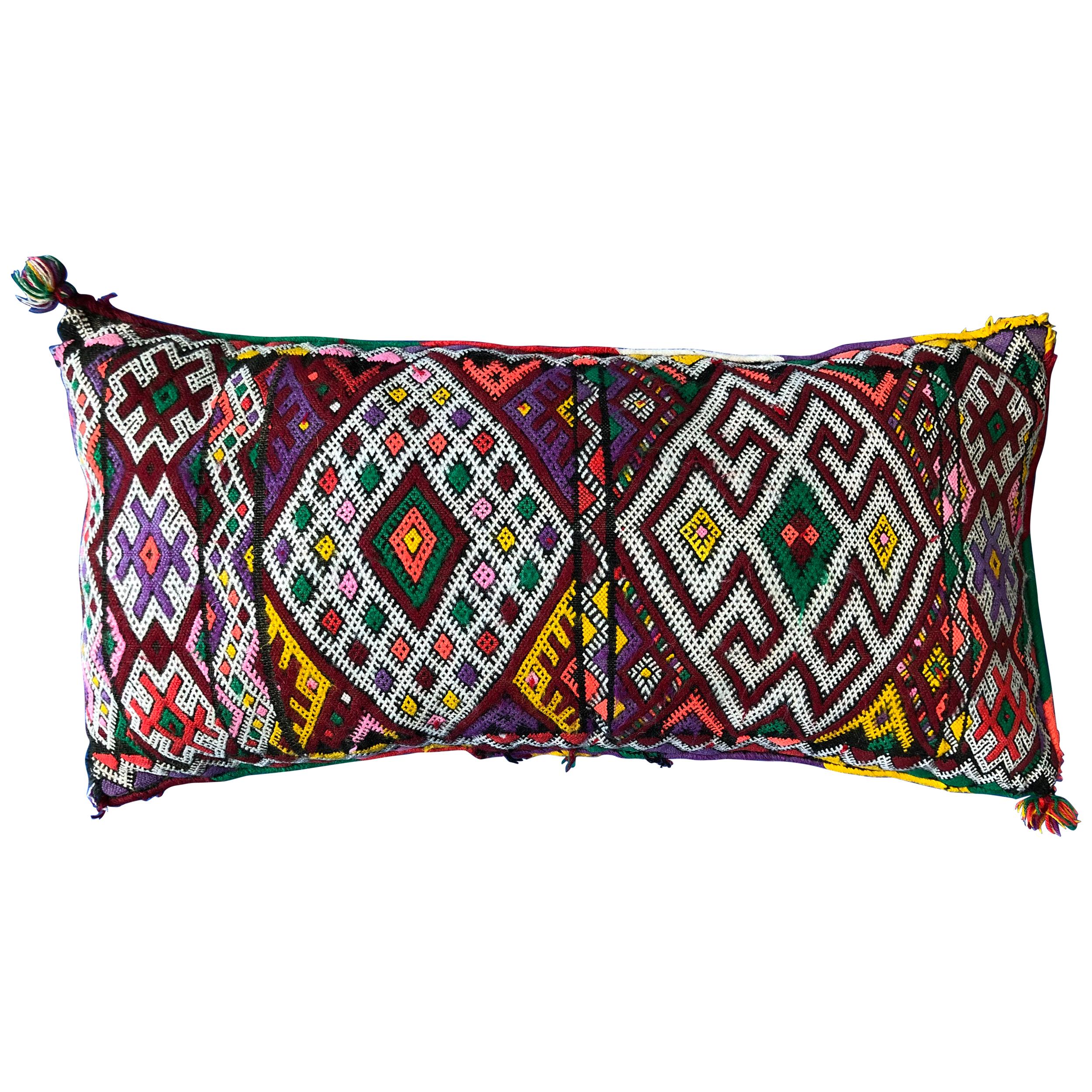 Moroccan Kilim Lumbar Pillow Vintage Handwoven Natural Wool Tassels Boho Bold For Sale
