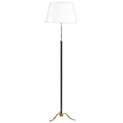 Brass and Black Leather Floor Lamp, in the Manner of Jacques Adnet