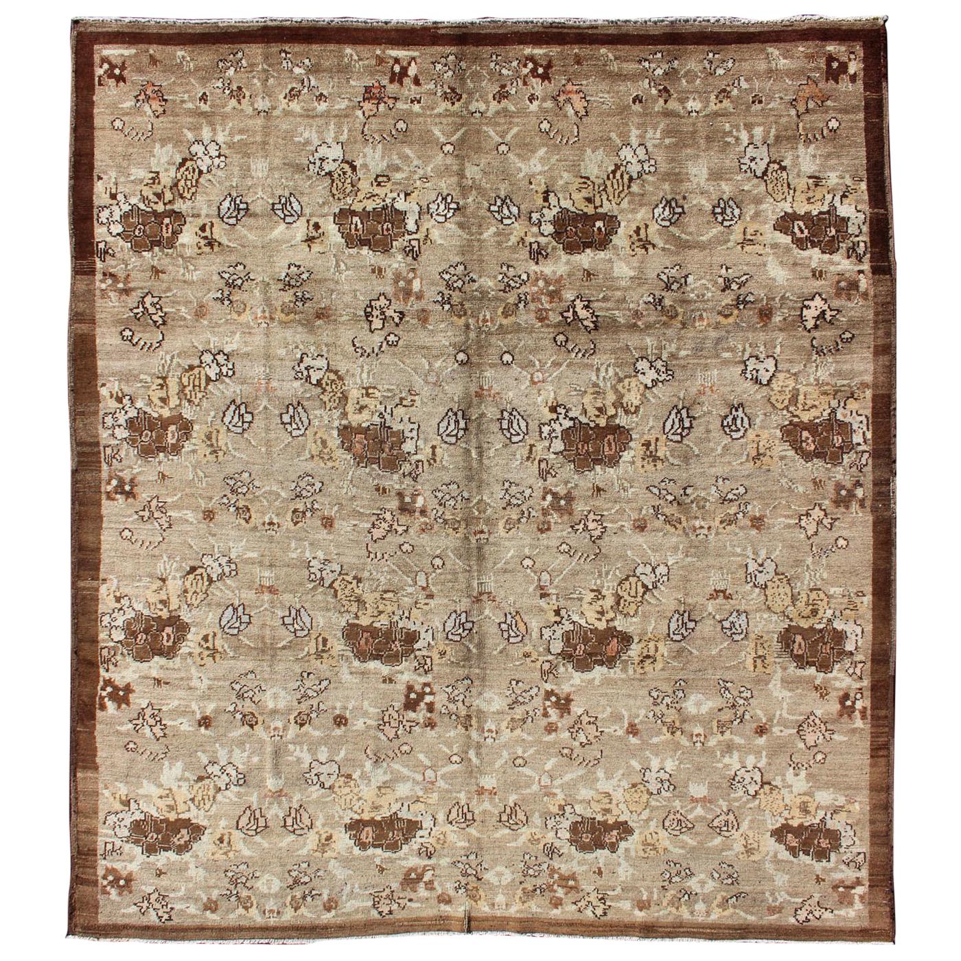 Large Antique Turkish Tulu Carpet with Floral Design in Tan & Brown 