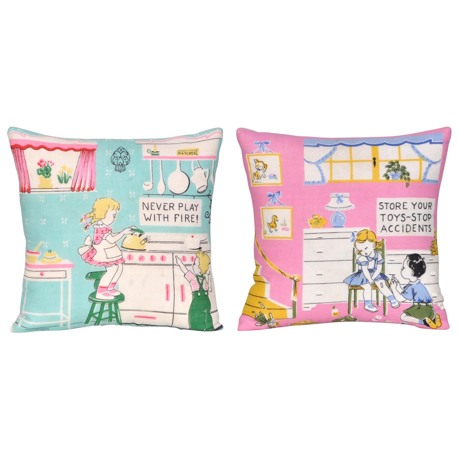 Pair of Vintage Children’s Scarf Cushions Pillows with Irish Linen Backing Pink For Sale