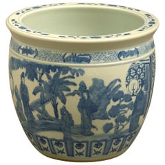 Retro Mid-20th Century Blue and White Porcelain Jardiniere