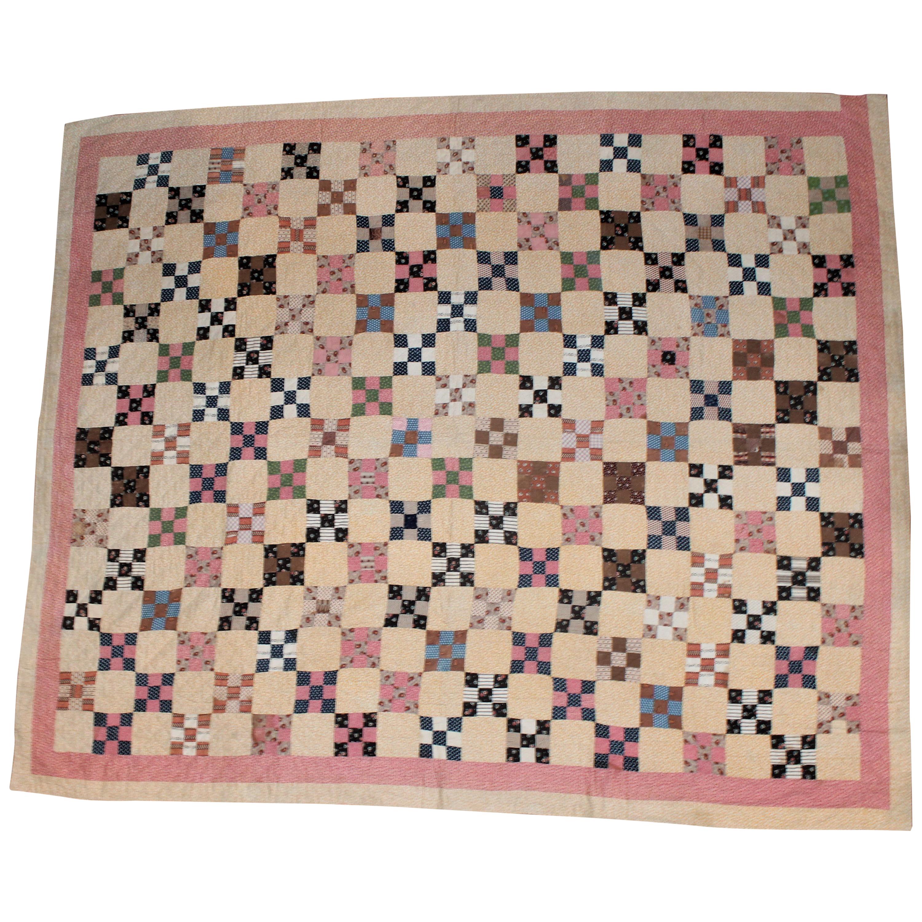 antiker Quilt aus dem 19. Jahrhundert:: Poststempel Neun-Patch-Kette
