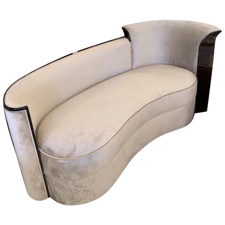 Art Deco French Curved Sofa in Walnut