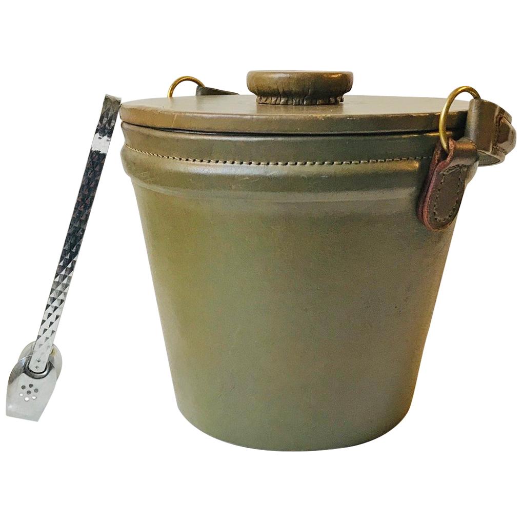 Green Midcentury Leather Ice Bucket or Cooler with Tong, 1960s