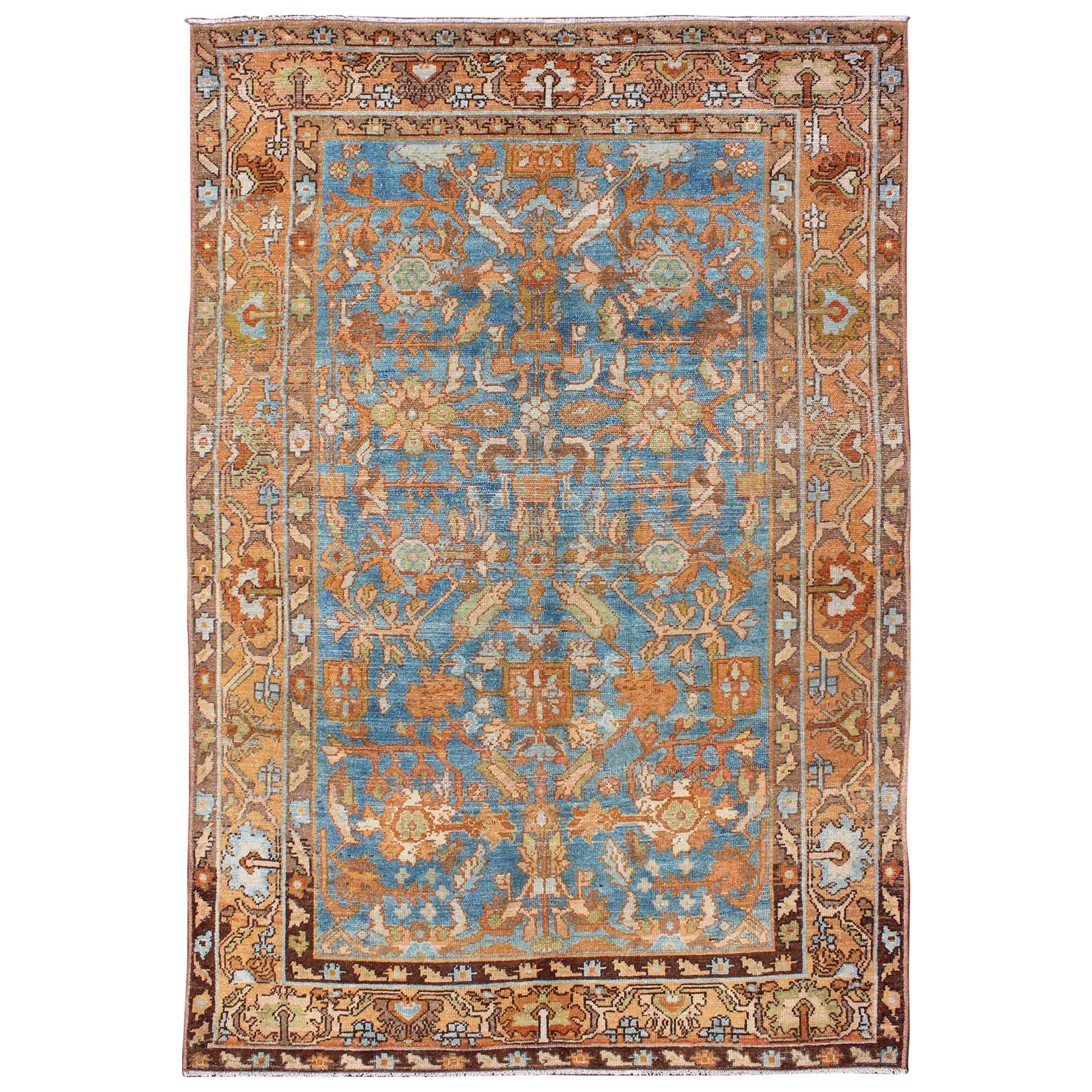 Vibrant Antique Persian Malayer Rug in Shades of Rust, Orange, and Blue For Sale