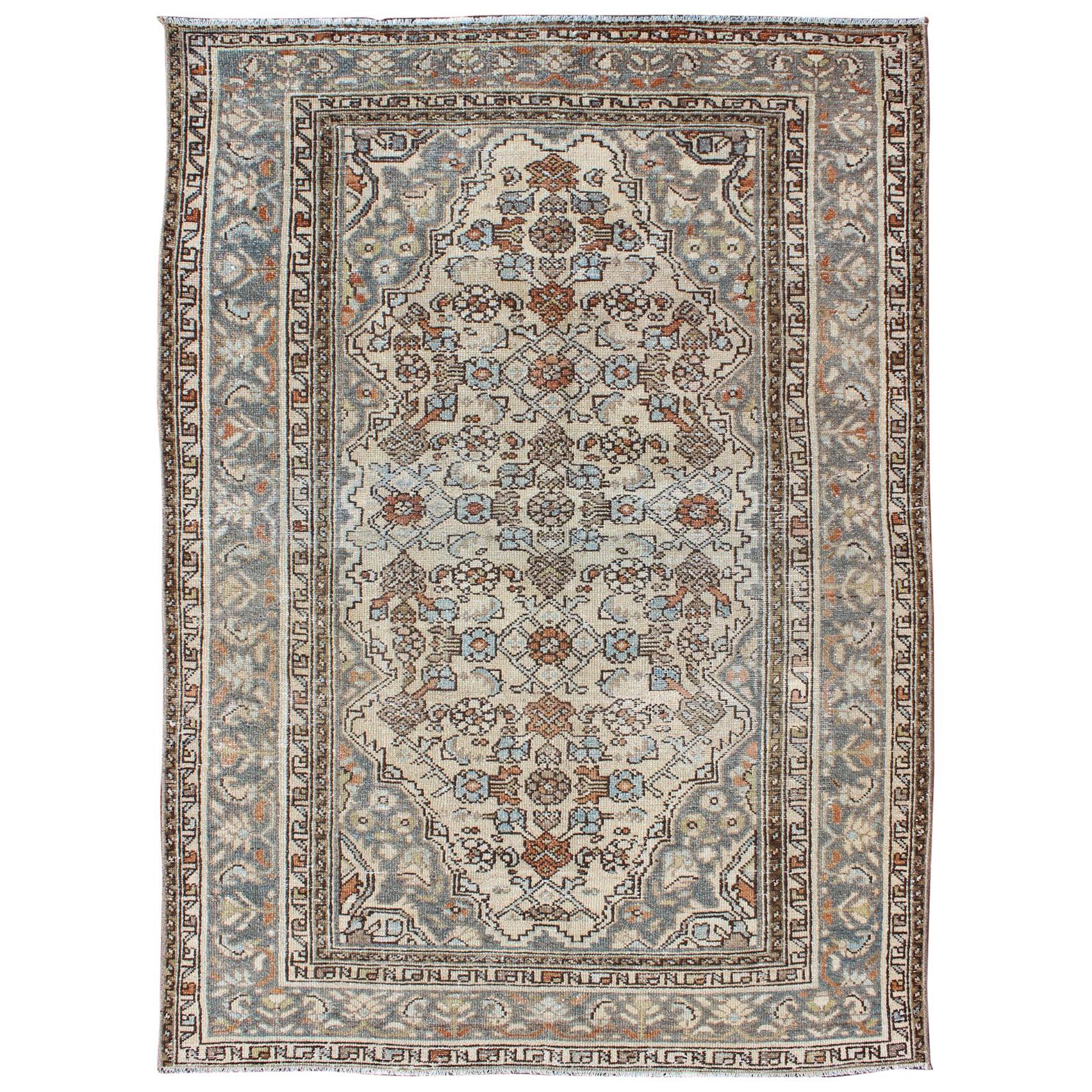 Gray/green, Taupe, Lt. Blue & Rust, brown Antique Persian distressed  Malayer  For Sale