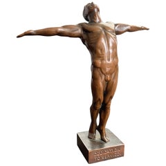 ‘Dedication to Service, ’ Rare Art Deco Sculpture with Male Nude by Burnham