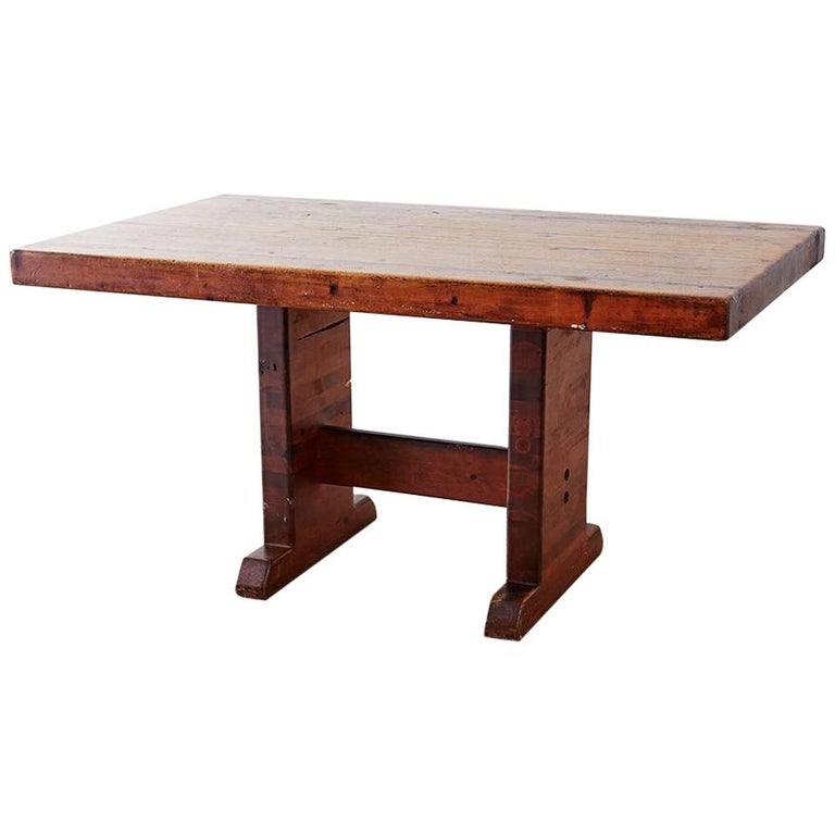 Rustic American Butcher Block Trestle Style Dining Table For Sale at