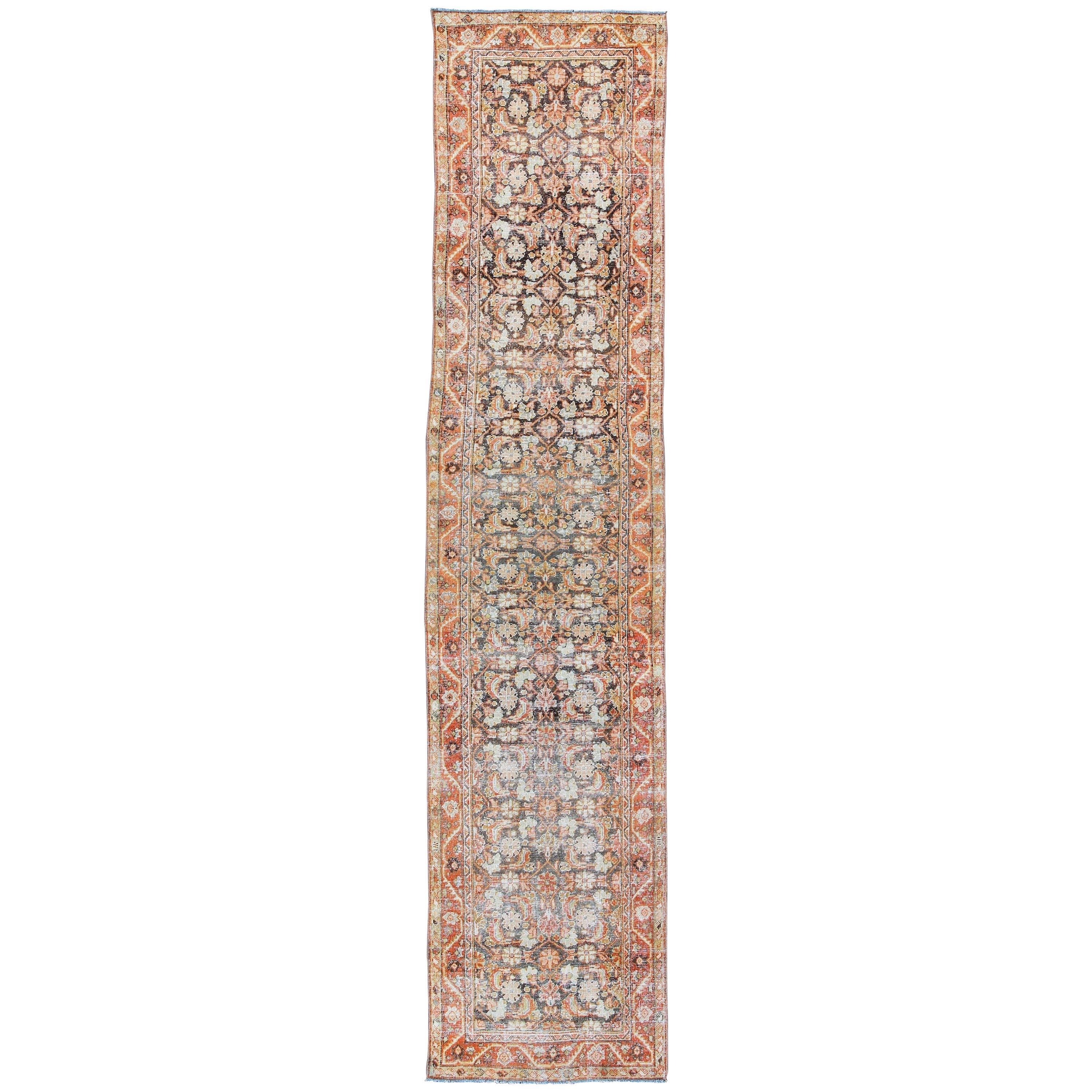 Antique Persian Mahal Long Runner with All-Over Design in Red and Charcoal