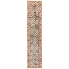 Antique Persian Mahal Long Runner with All-Over Design in Red and Charcoal