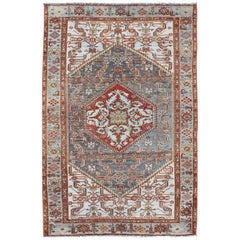 Medallion Design Antique Persian Malayer Rug in Tones of Blue/Gray, Silver, Red