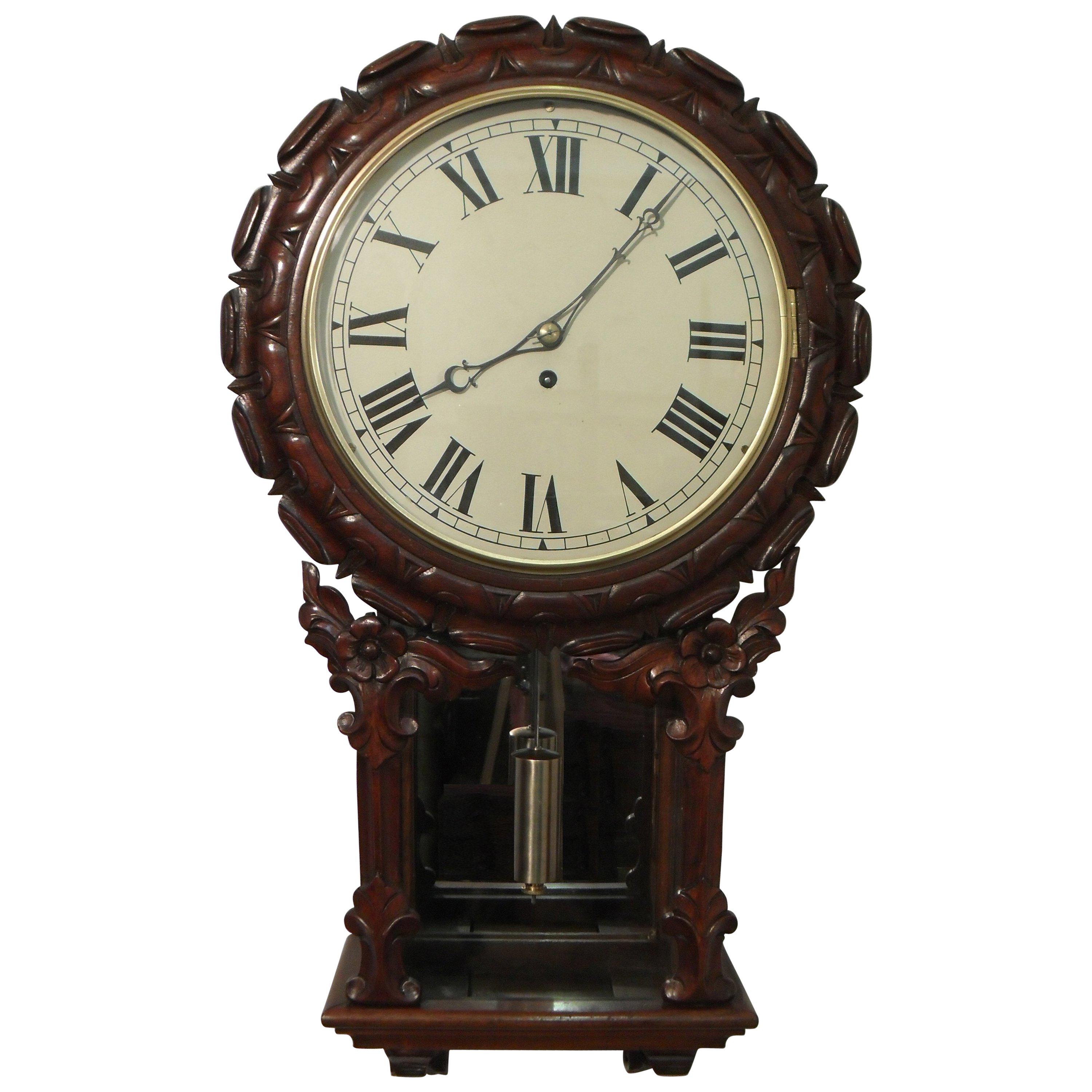 Victorian Carved Mahogany Drop Dial Timepiece Wall Clock For Sale