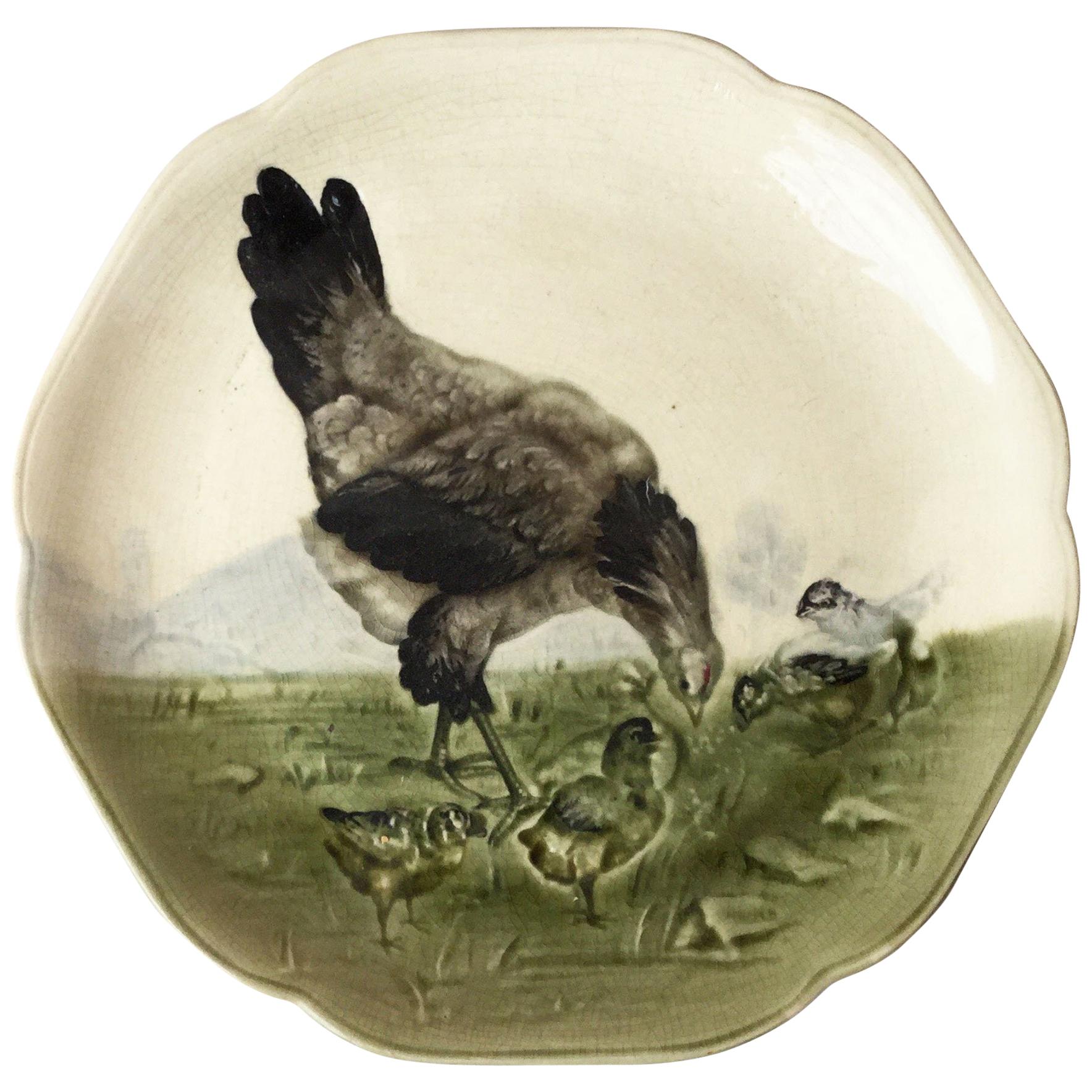19th Century Majolica Hen & Chicks Plate Choisy Le Roi