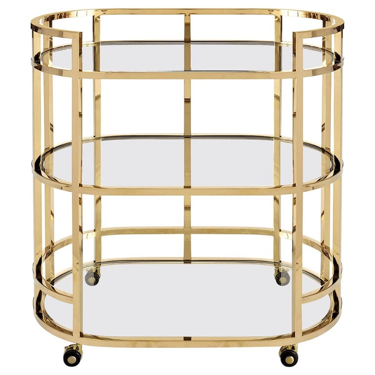 Contemporary Bar Cart with 3 Glass Shelves Finished in Polished Brass