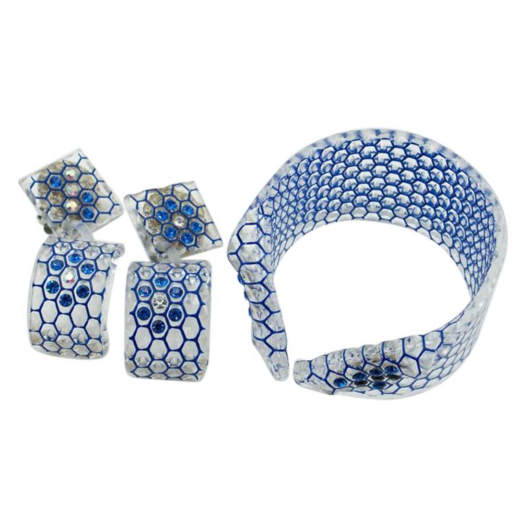 French Haute Couture Honeycomb Lucite Bangle Earrings Set attrib. Line Vautrin