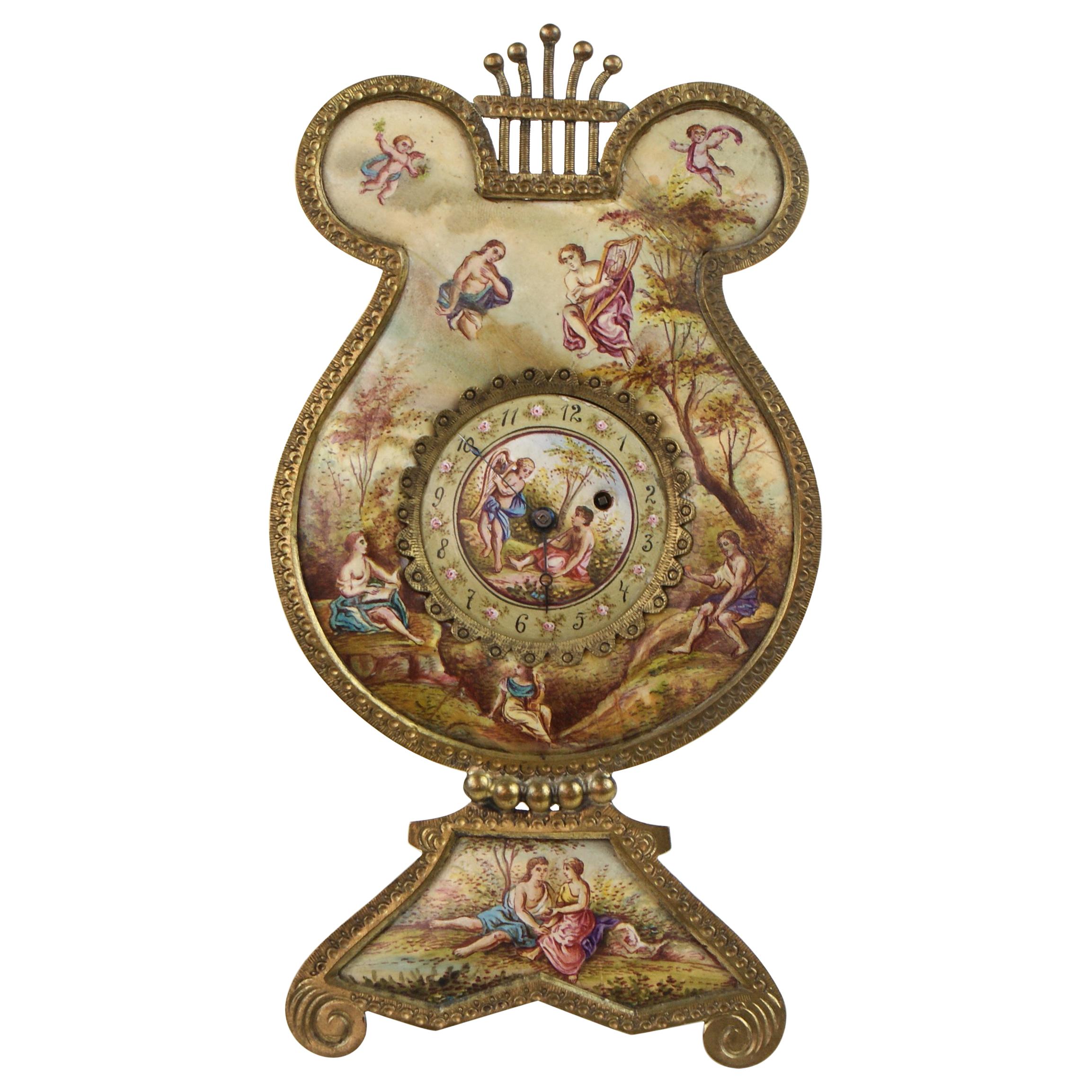 Antique Austrian Viennese Hand Painted Enamel Gilt Metal Lyre Clock