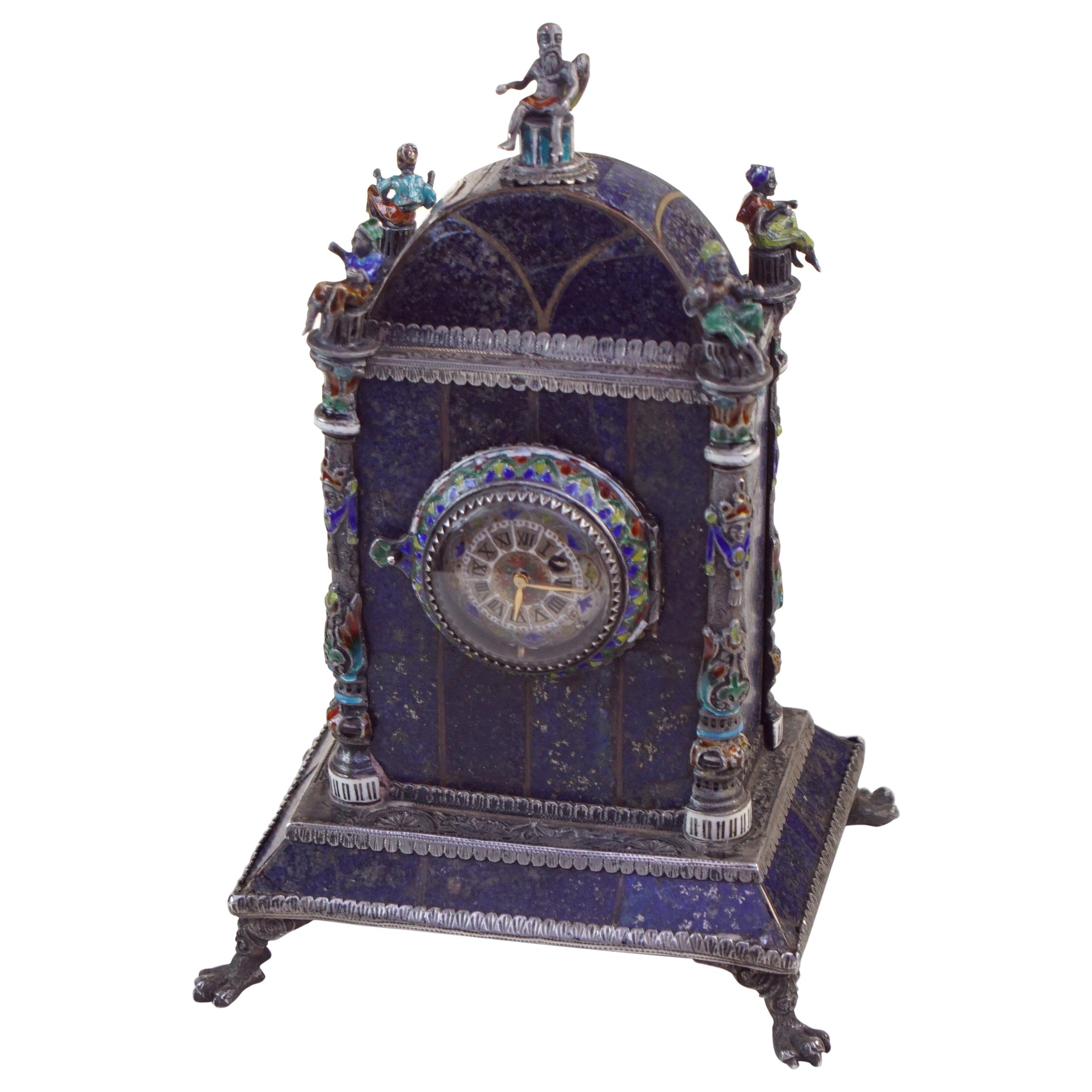 Silver, Enamel, and Lapis Lazuli Table Clock by Hermann Bohm
