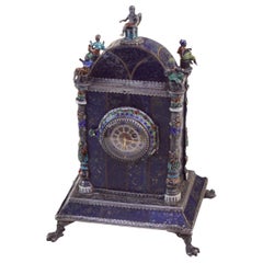 Antique Silver, Enamel, and Lapis Lazuli Table Clock by Hermann Bohm