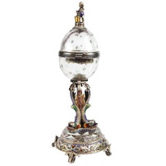 Rare Silver, Rock Crystal, and Enamel Globe 'Vienna Egg' Clock by Hermann Bohm