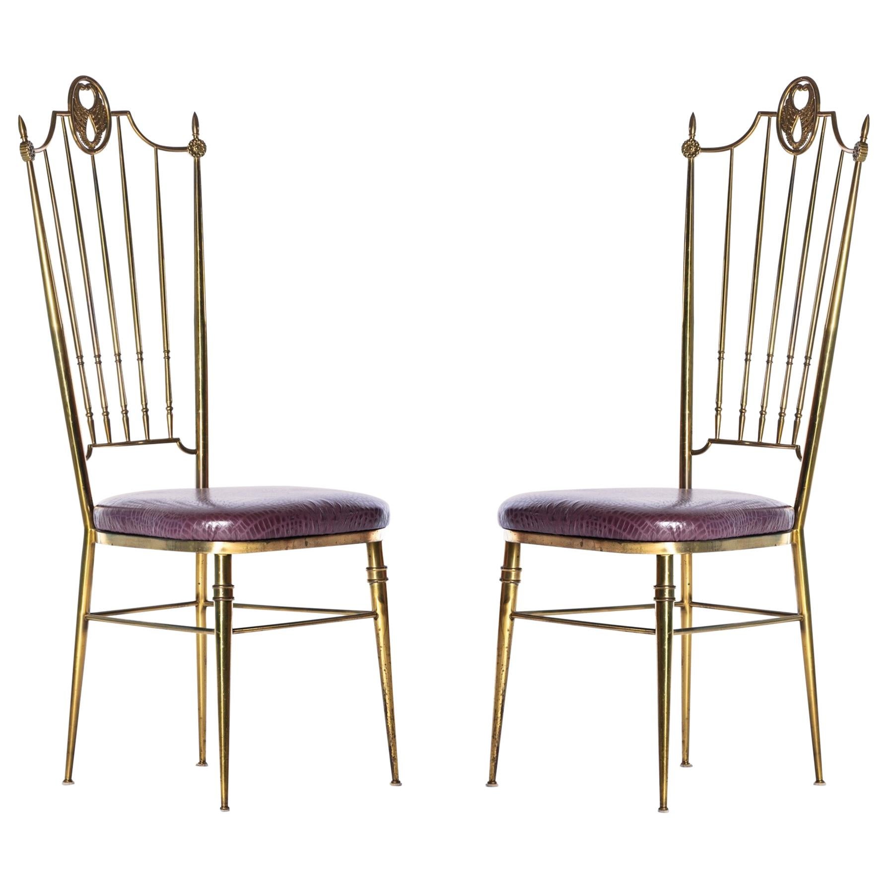 Pair of Italian  Brass Chiavari  Side Chairs with Aubergine Crocodile Leather For Sale