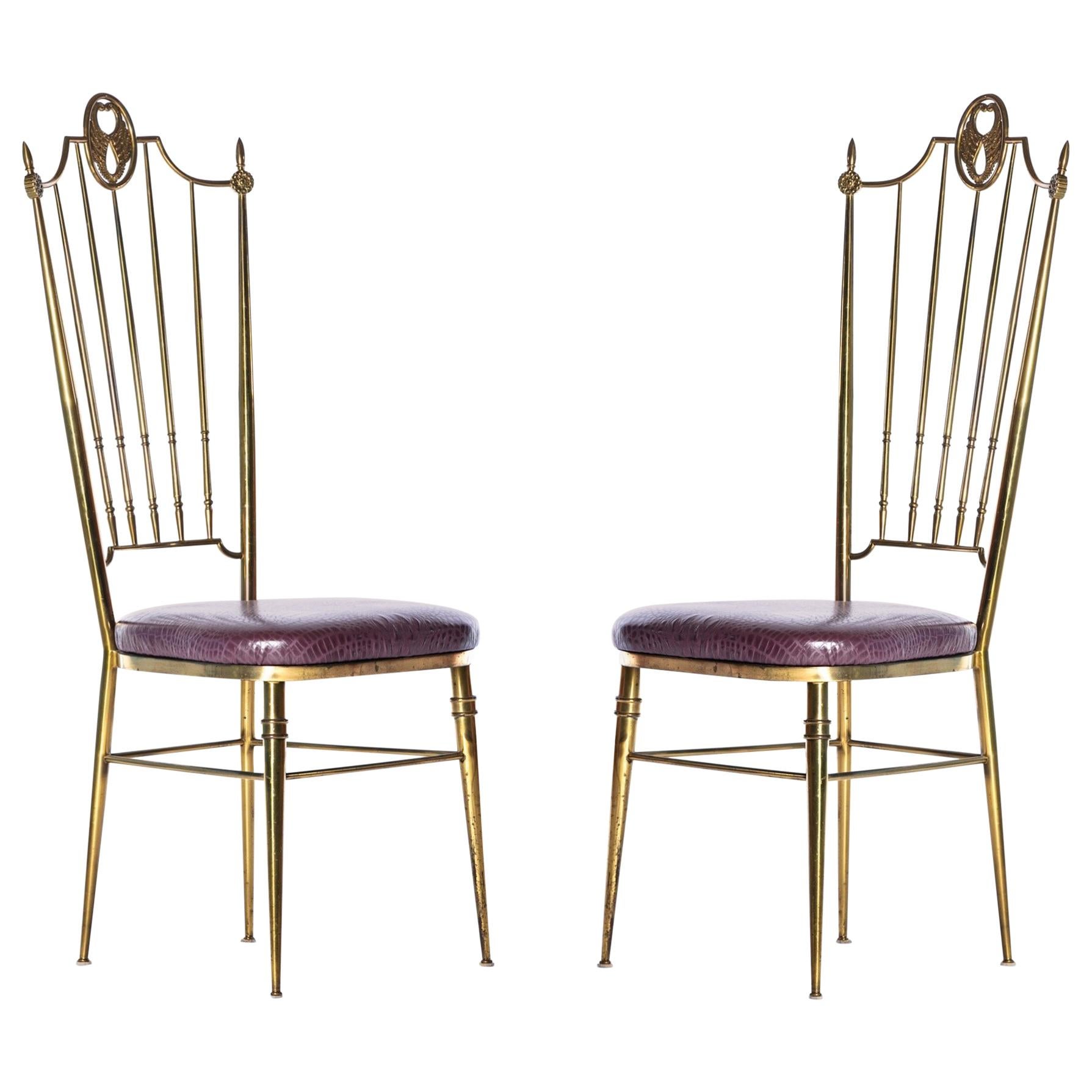 Pair of Italian  Brass Chiavari  Side Chairs with Aubergine Crocodile Leather