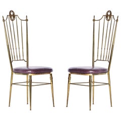 Pair of Italian  Brass Chiavari  Side Chairs with Aubergine Crocodile Leather