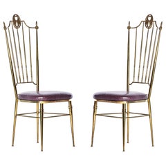 Pair of Italian  Brass Chiavari  Side Chairs with Aubergine Crocodile Leather