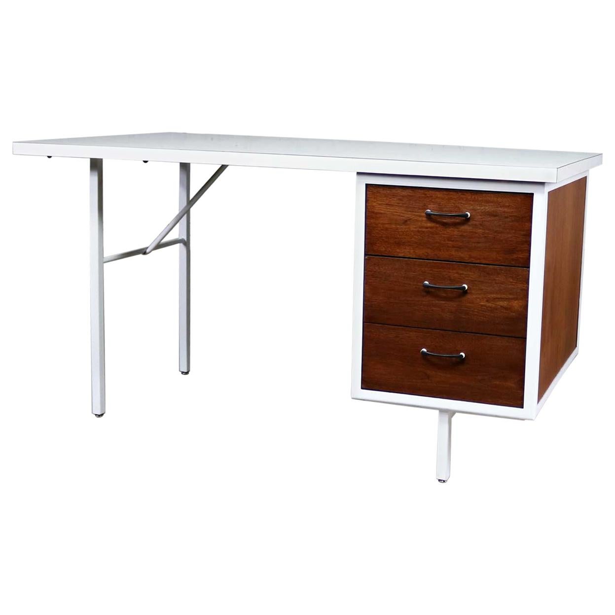 MCM-Schreibtisch von Robert John Co. Walnuss & Weiß lackierter Stahlrahmen & Laminatplatte