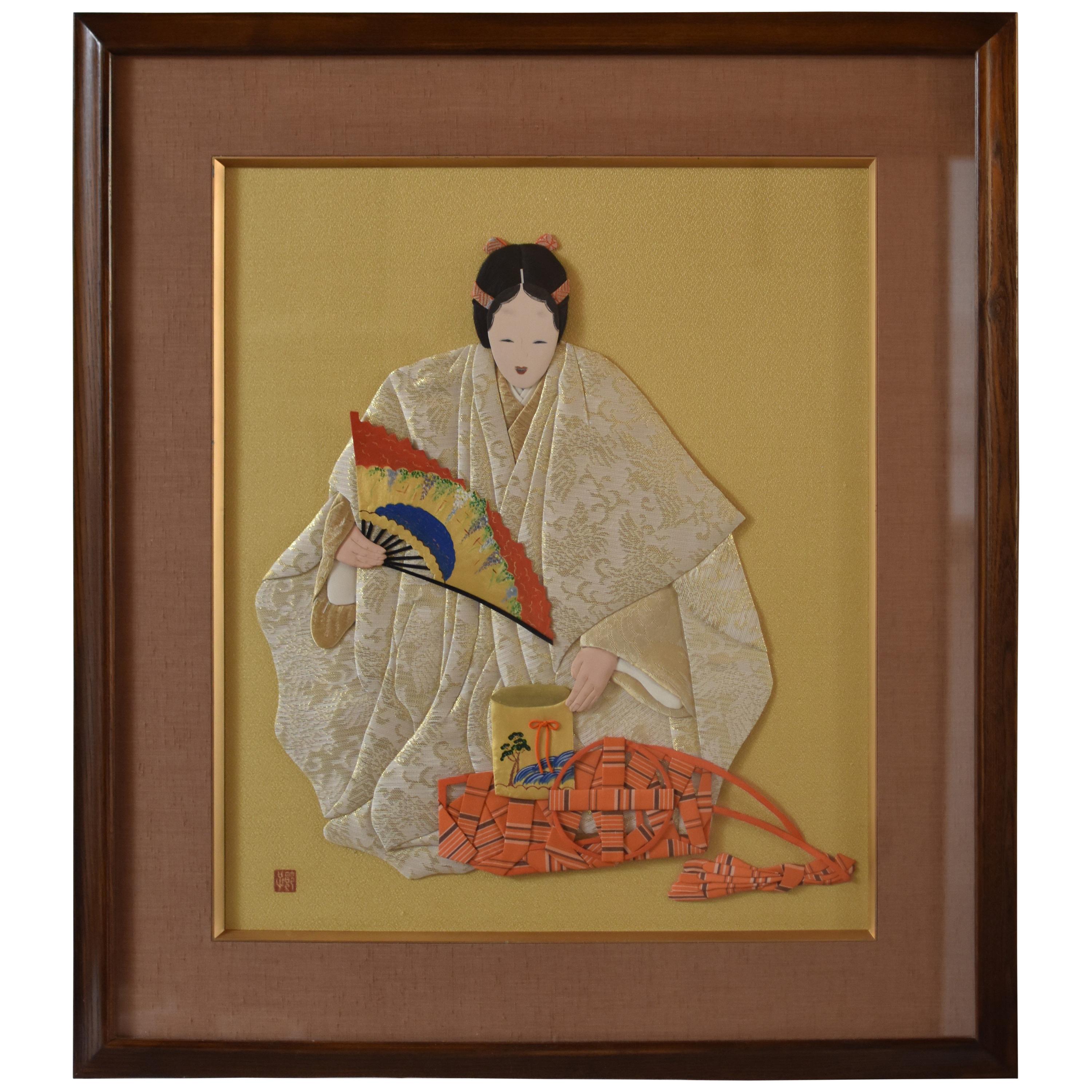 Art Decoratif Japonais Contemporain Encadré Soie et Brocart Handcraft en vente