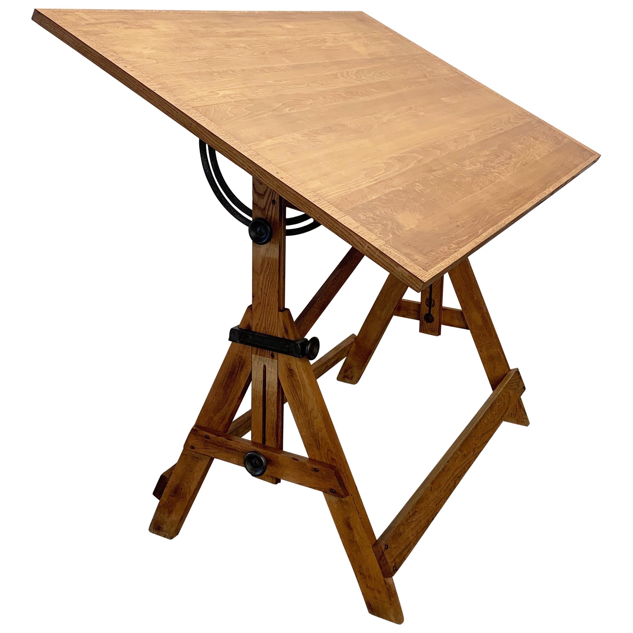 Industrial Oak and Maple Adjustable Drafting Table