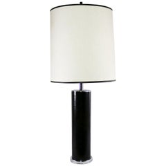 Chrome Black Faux Leather International Style Cylindrical Lamp after Von Nessen