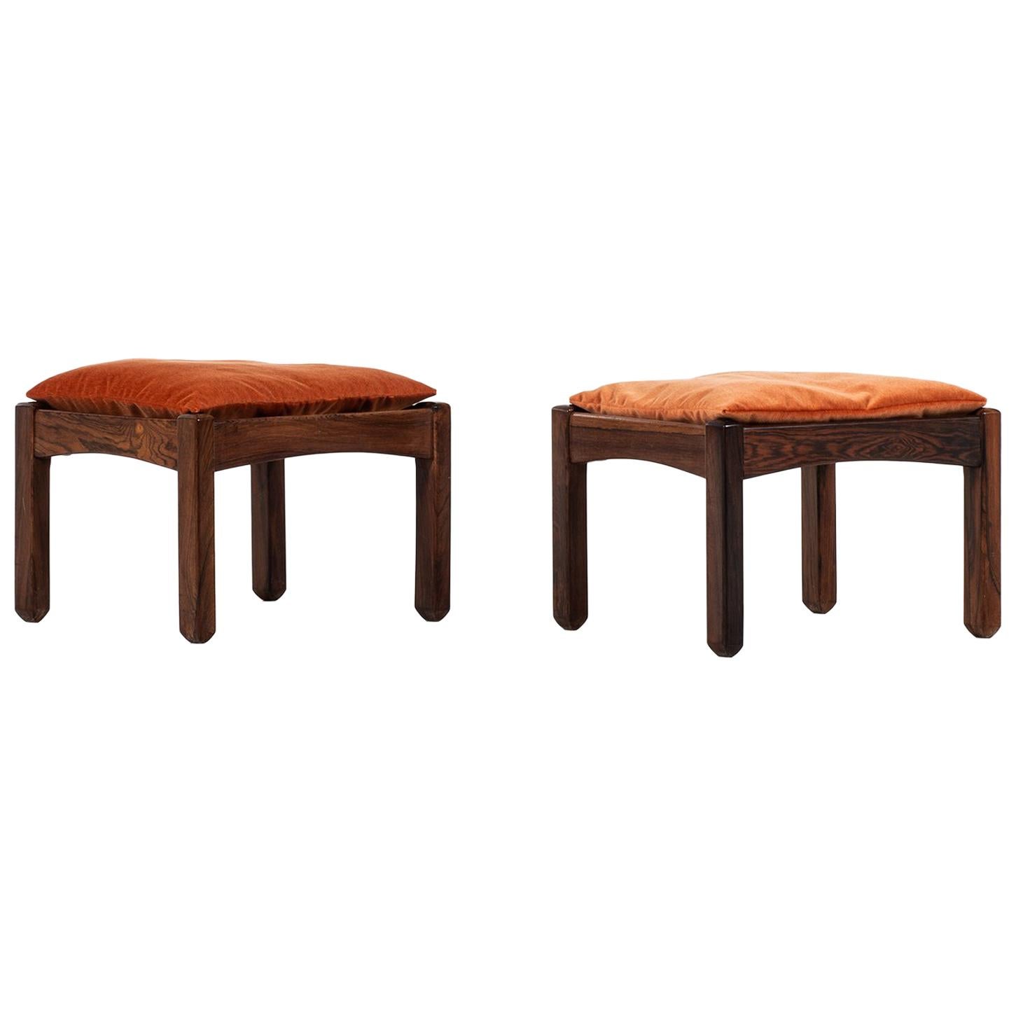 Pair of Stools in Rosewood and Velvet Probably Produced in Brazil
