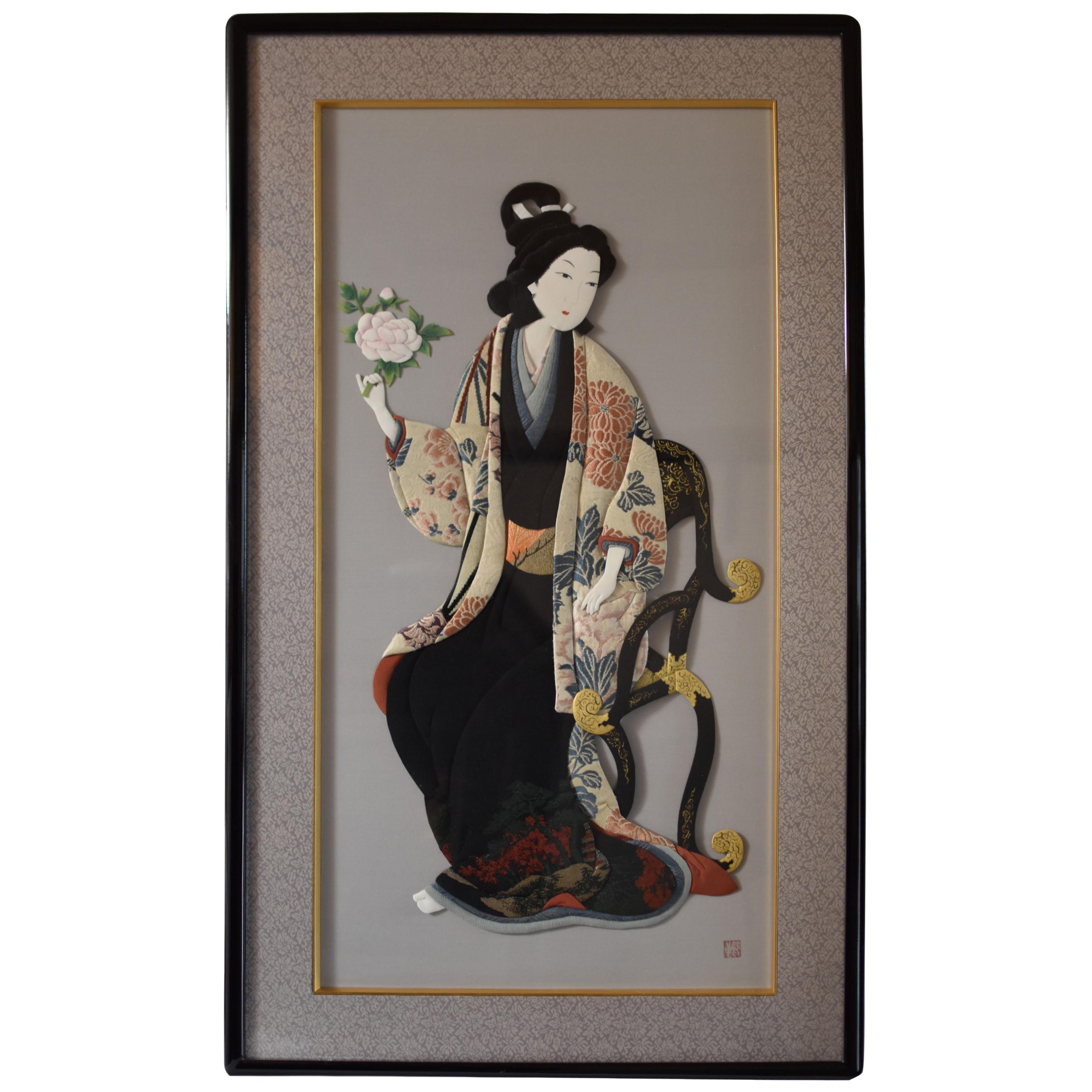 Art Decoratif japonais contemporain encadré en soie de brocart, fait à la main par Oshie, 2