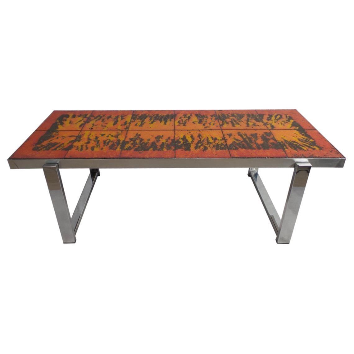 Exceptional Midcentury Bright Orange Fat Lava and Chrome Coffee Table, 1970s For Sale